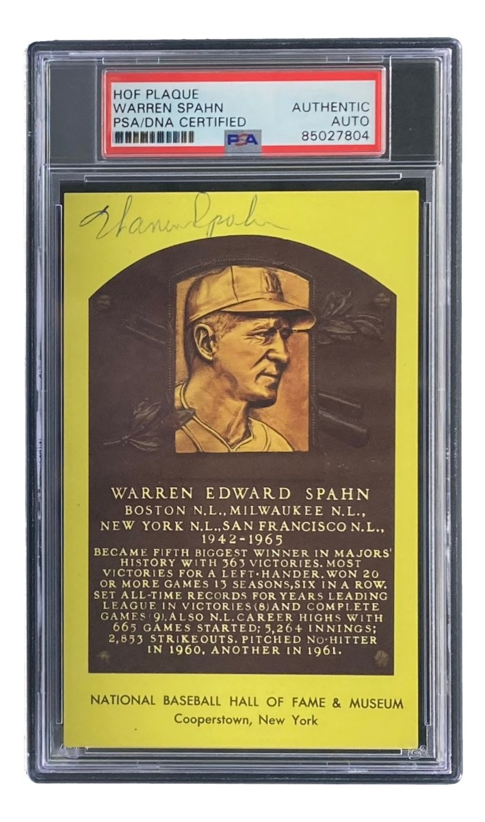 Warren Spahn Signed 4x6 Milwaukee Braves Hall Of Fame Plaque Card PSA/DNA 85027804 - Sports Integrity