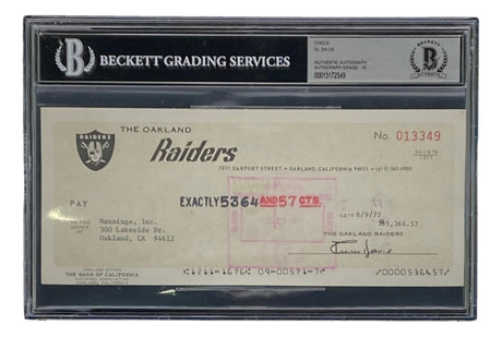 Al Davis Signed Oakland Raiders Bank Check #13349 Auto 10 BAS - Sports Integrity