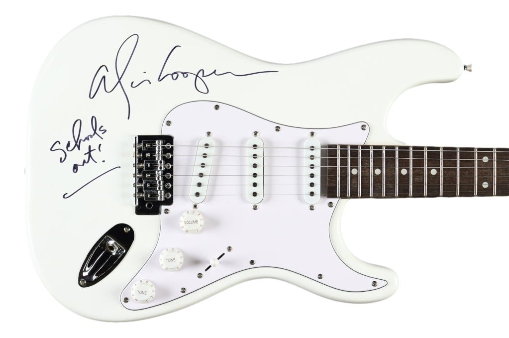 Alice Cooper Signed 39" White Electric Guitar Schools Out Inscribed JSA - Sports Integrity