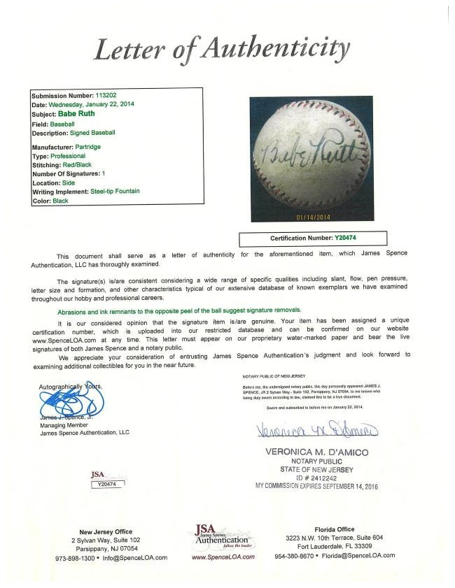 Babe Ruth New York Yankees Signed Partridge Baseball JSA+PSA LOA - Sports Integrity