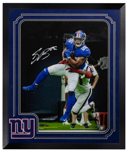 SAQUON BARKLEY Autographed New York Giants 25.75" x 22.125" Custom Framed"Breakaway" 16x20 Photograph PANINI LE 126