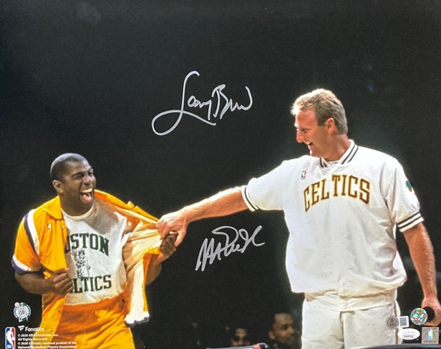 Larry Bird Magic Johnson Signed 16x20 Boston Celtics Shirt Pull Photo JSA+BAS - Sports Integrity