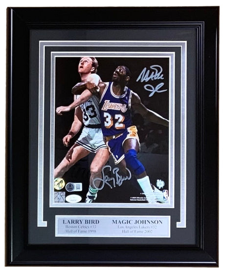 Larry Bird Magic Johnson Signed Framed 8x10 Celtics vs Lakers Photo JSA+BAS - Sports Integrity