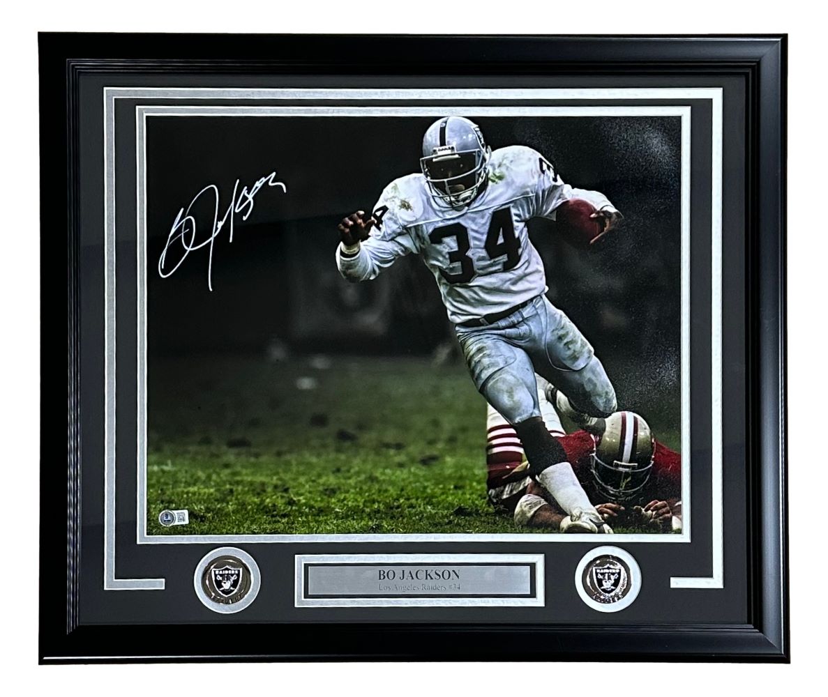 Bo Jackson Signed Framed 16x20 Oakland Raiders White Jersey Photo BAS - Sports Integrity