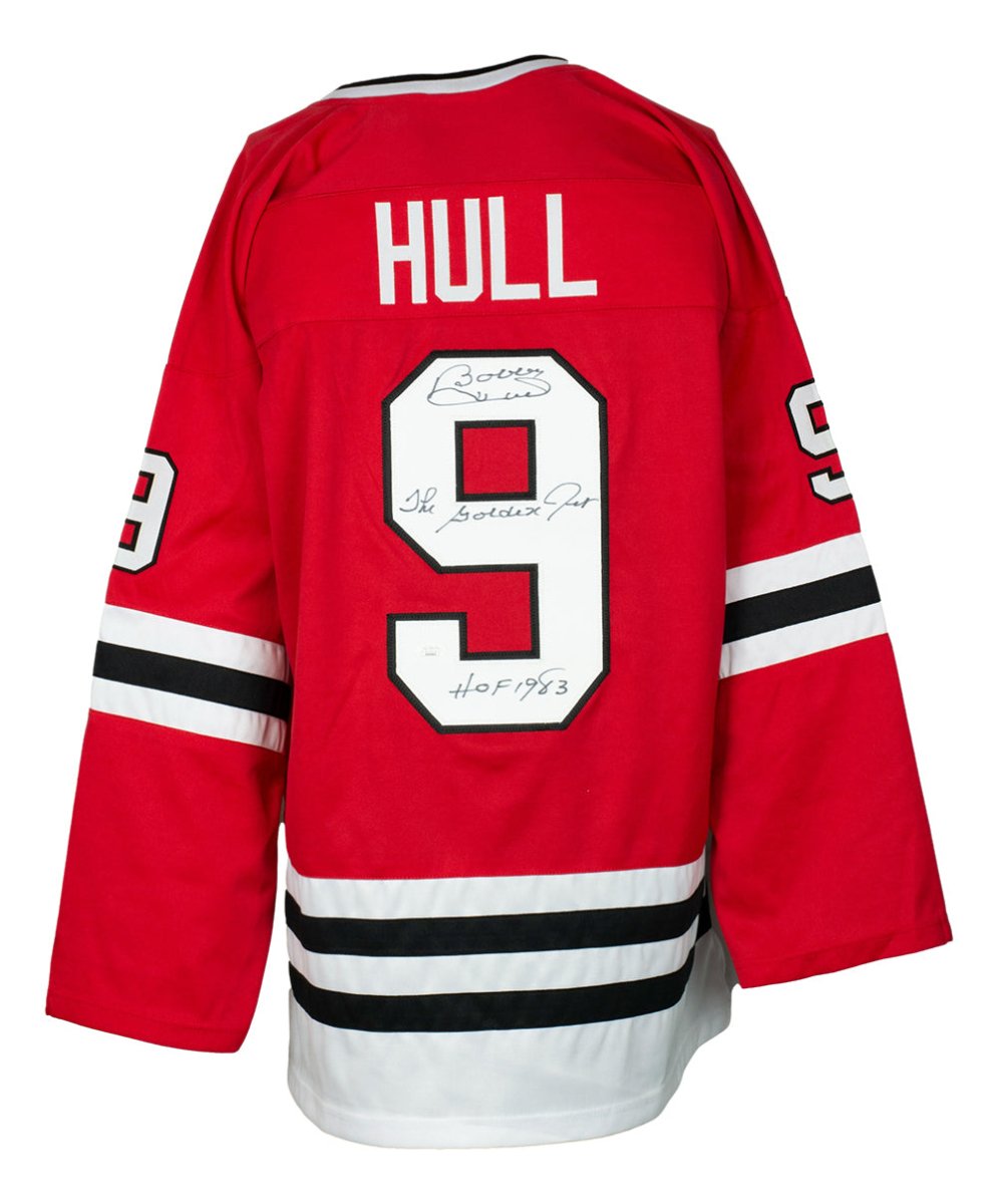 Bobby Hull Signed Custom Red Hockey Jersey HOF 1983 Golden Jet Insc JSA - Sports Integrity