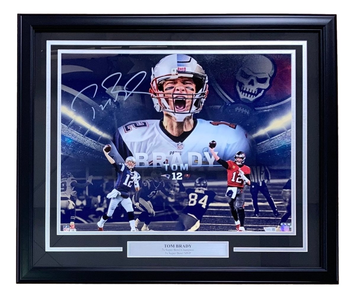 Tom Brady Signed Framed 16x20 Patriots Buccaneers Collage Photo Fanatics - Sports Integrity