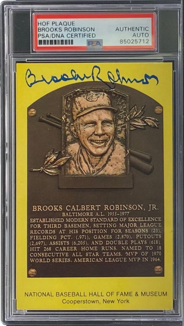 Brooks Robinson Signed 4x6 Baltimore Orioles HOF Plaque Card PSA/DNA 85025712 - Sports Integrity