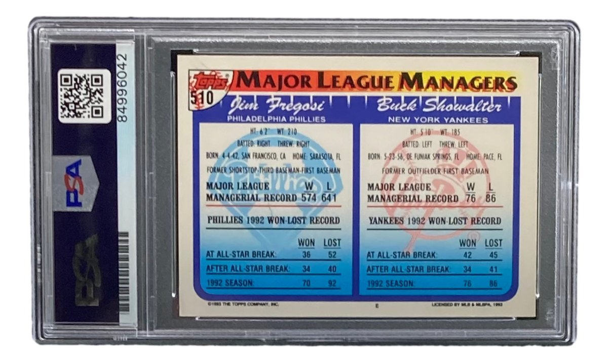 Buck Showalter Signed NY Yankees 1993 Topps #510 Trading Card PSA/DNA Gem MT 10 - Sports Integrity