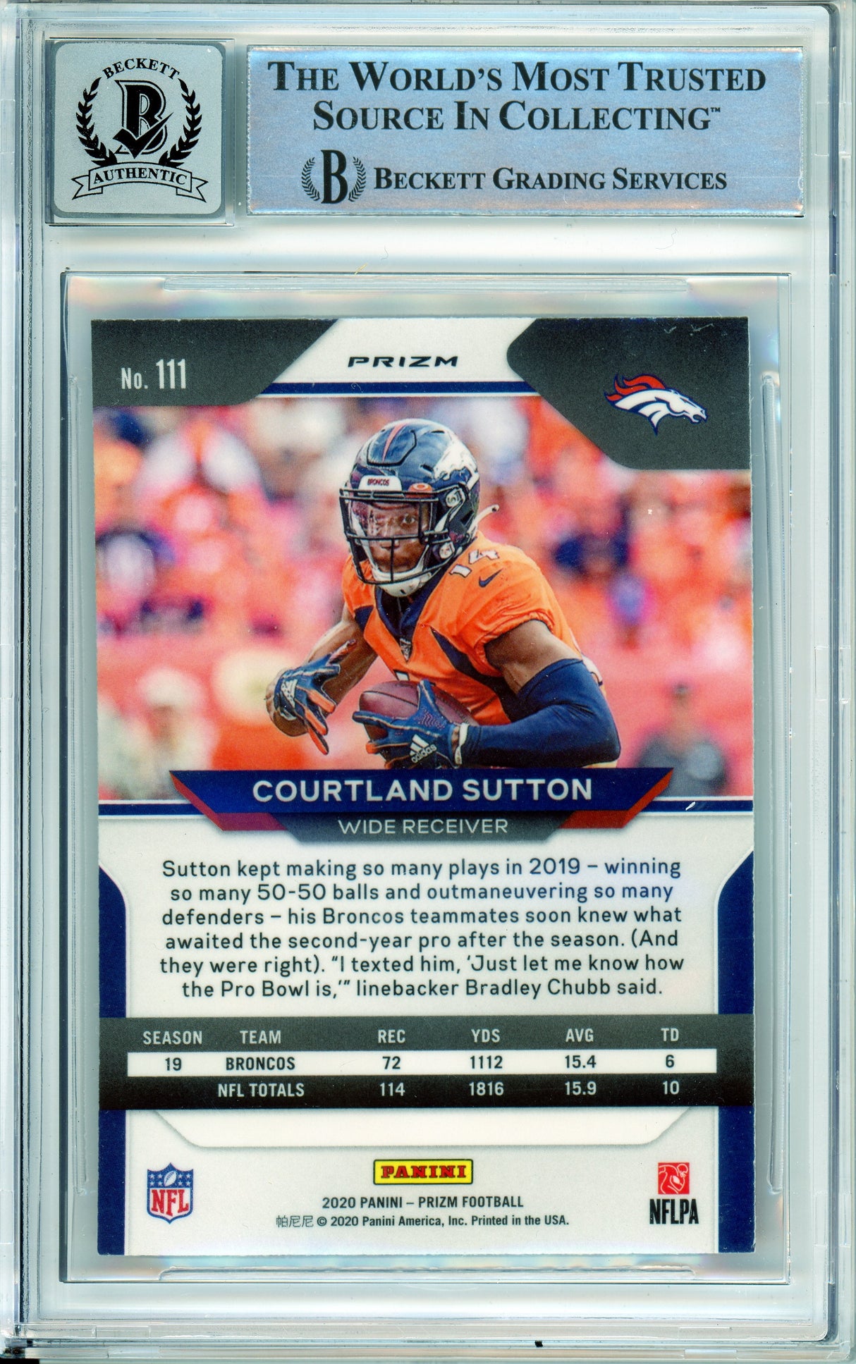 2020 Panini Prizm Red, White, Blue #111 Courtland Sutton Denver Broncos BAS Autograph 10