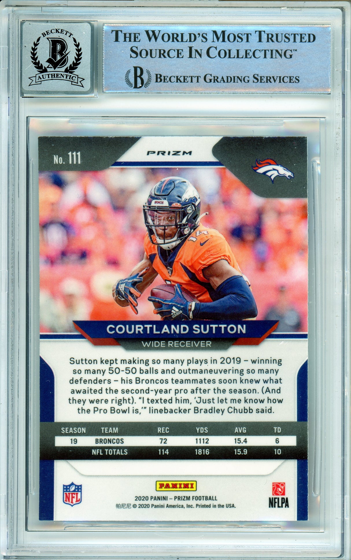 2020 Panini Prizm Red, White, Blue #111 Courtland Sutton Denver Broncos BAS Autograph 10