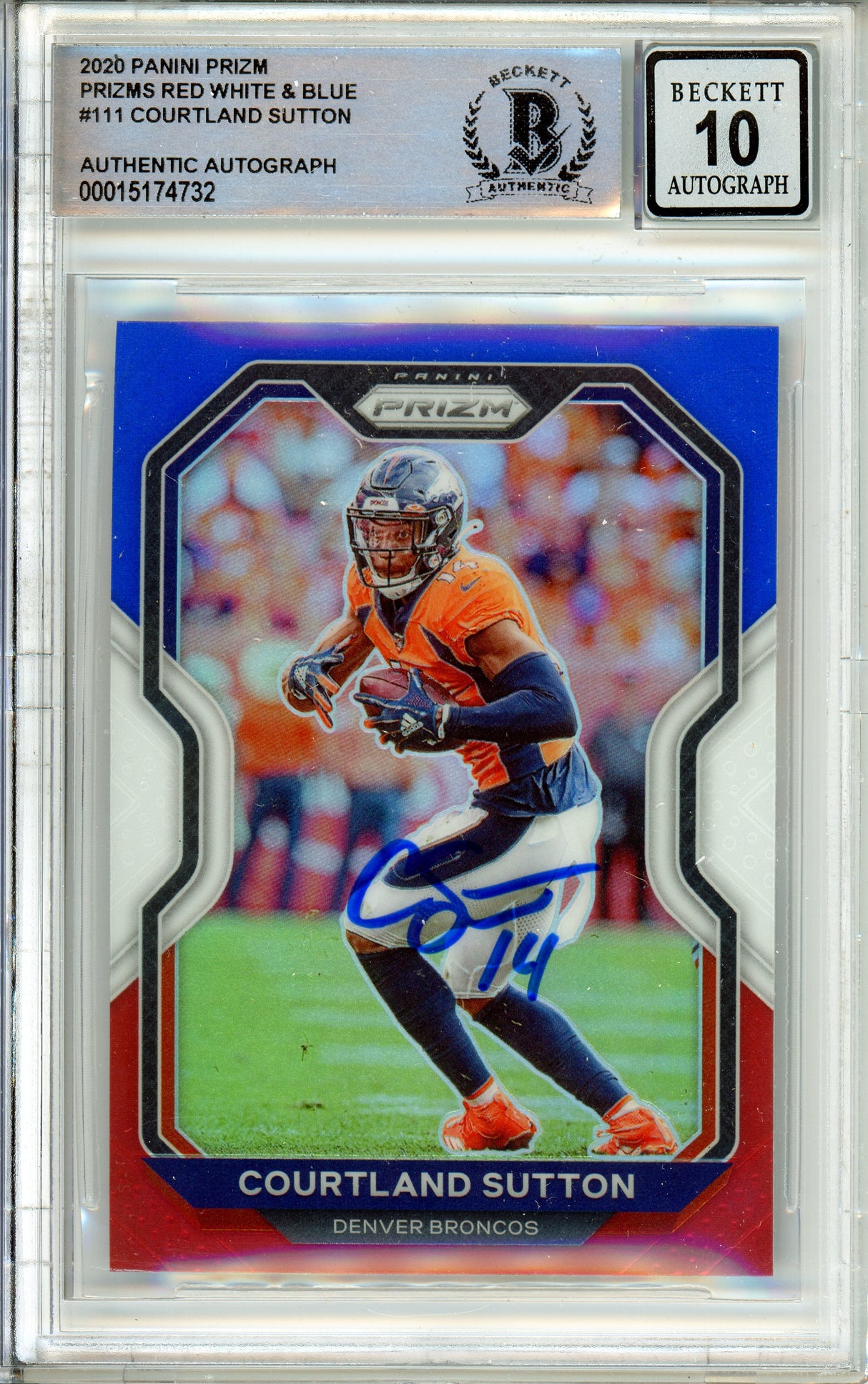 2020 Panini Prizm Red, White, Blue #111 Courtland Sutton Denver Broncos BAS Autograph 10