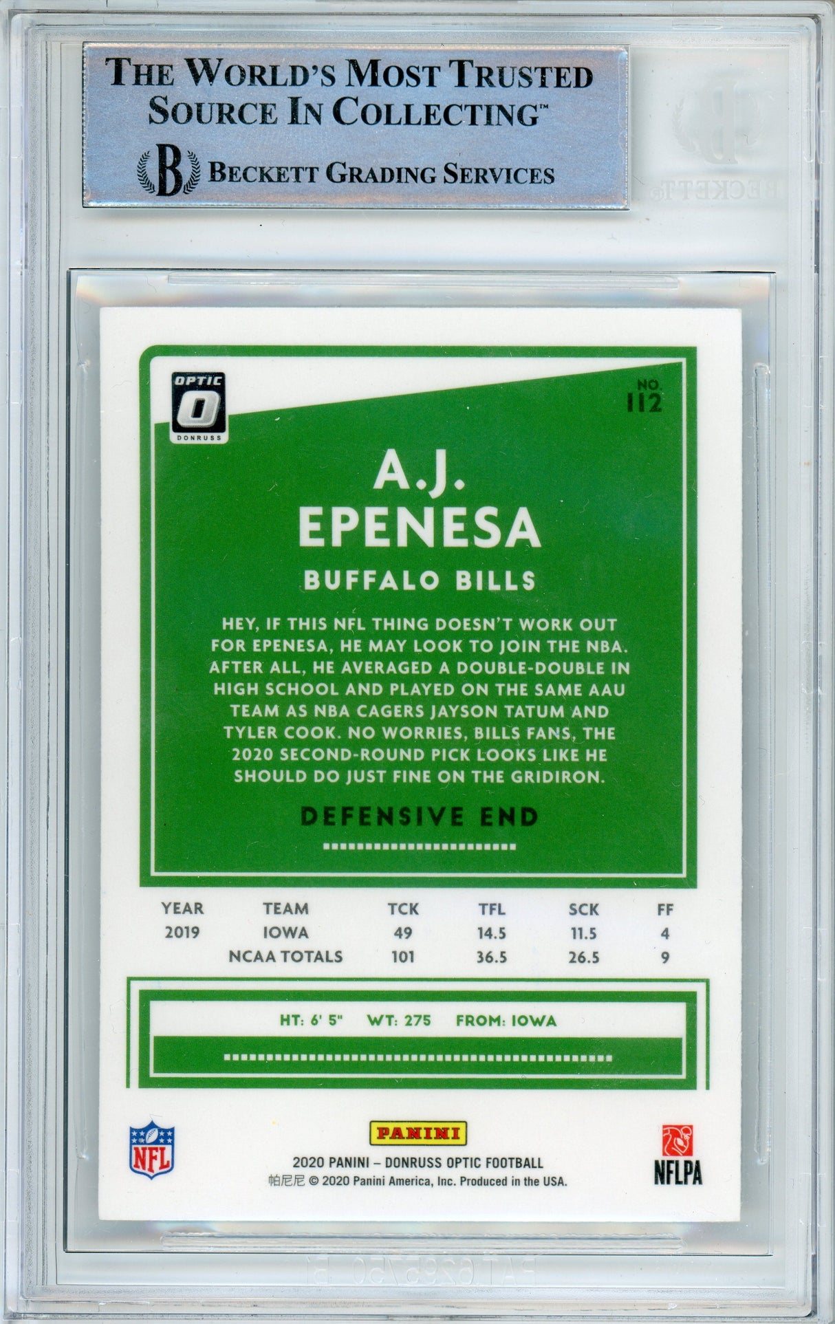 2020 Donruss Optic #112 A.J. Epenesa RC Buffalo Bills BAS Autograph 10