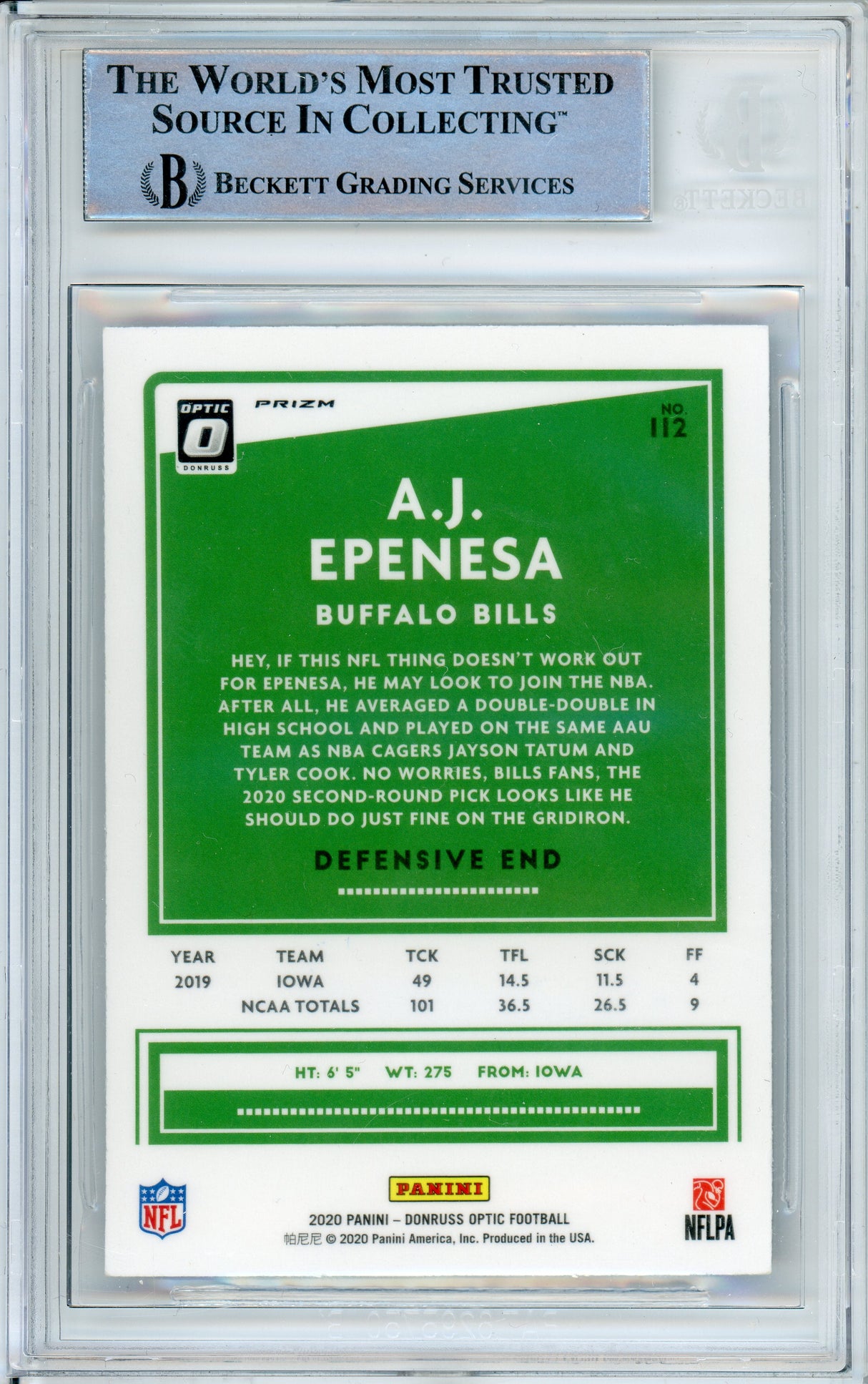 2020 Donruss Optic Blue Hyper #112 A.J. Epenesa RC Buffalo Bills BAS Autograph 10