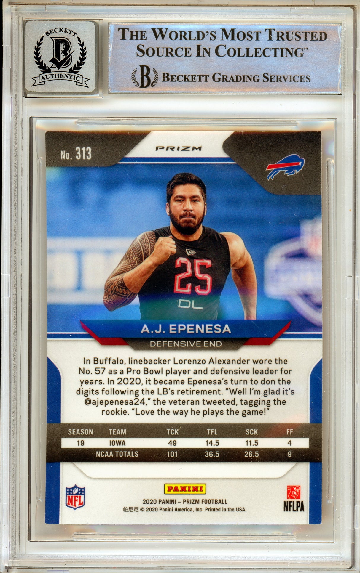 2020 Panini Prizm Orange Lazer #313 A.J. Epenesa RC Buffalo Bills BAS Autograph 10