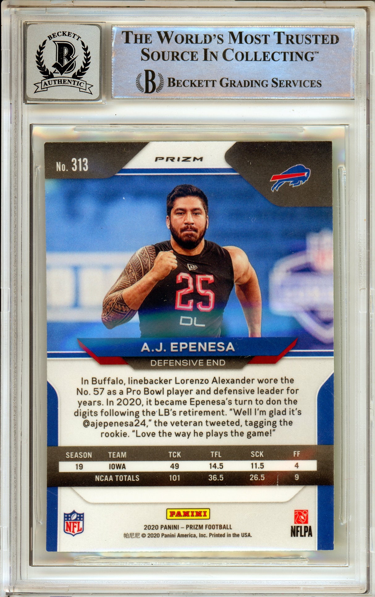 2020 Panini Prizm Neon Green Pulsar #313 A.J. Epenesa RC Buffalo Bills BAS Autograph 10