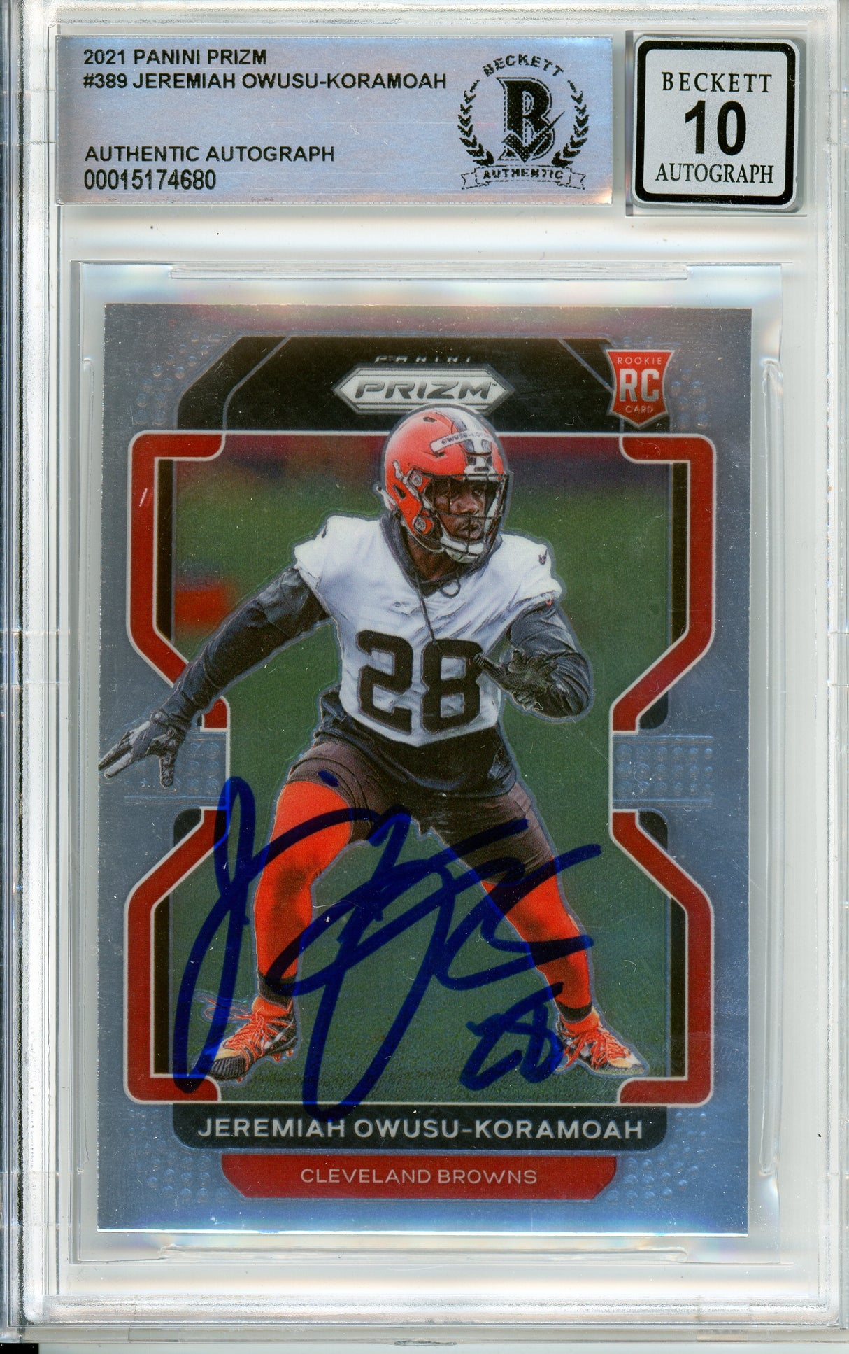 2020 Panini Prizm #389 Jeremiah Owusu-Koramoah RC Cleavland Browns BAS Auto 10