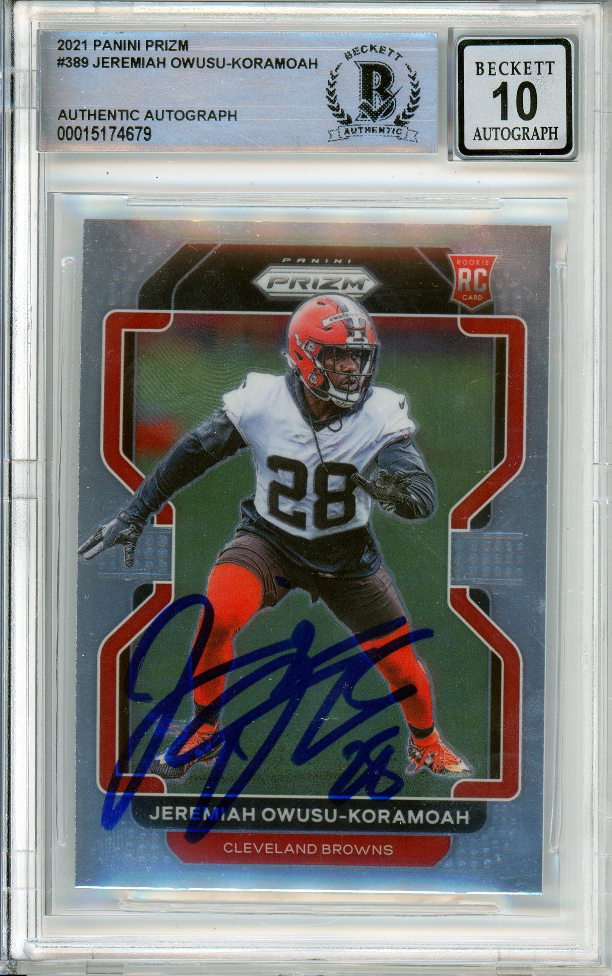 2020 Panini Prizm #389 Jeremiah Owusu-Koramoah RC Cleavland Browns BAS Auto 10