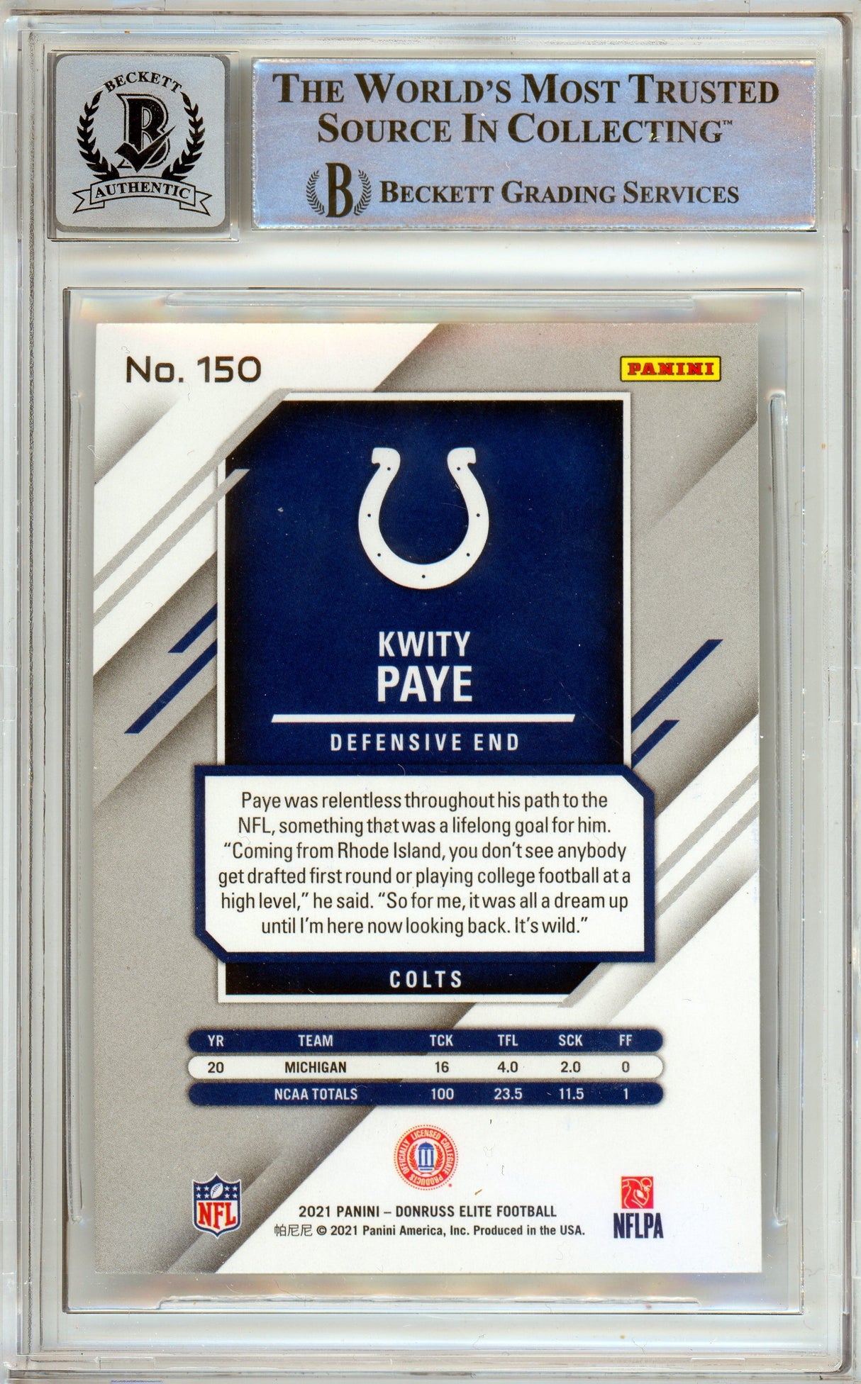 2021 Panini Elite #150 Kwity Paye RC Indianapolis Colts BAS Autograph 10