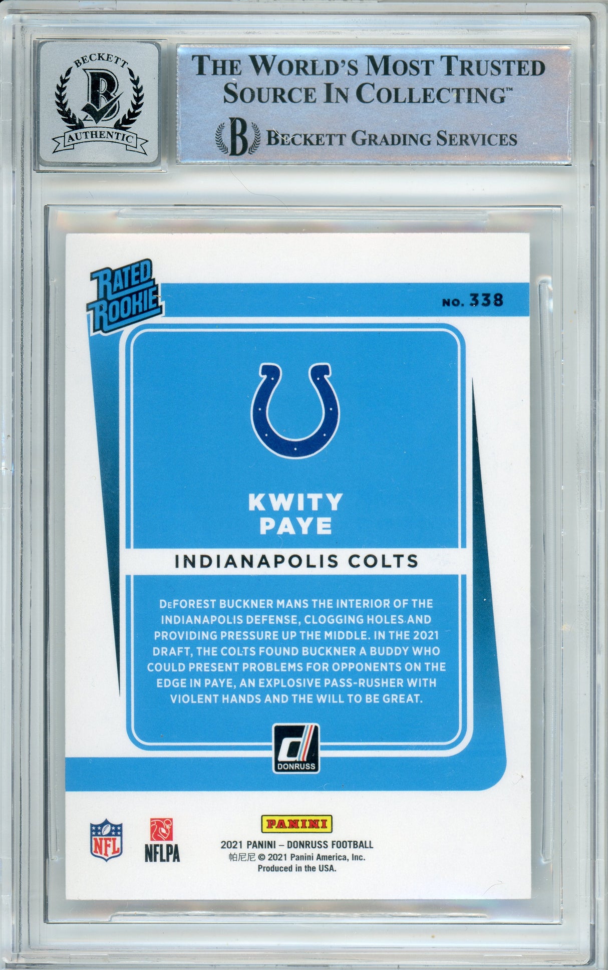 2021 Donruss Rated Rookie #338 Kwity Paye Indianapolis Colts BAS Autograph 10