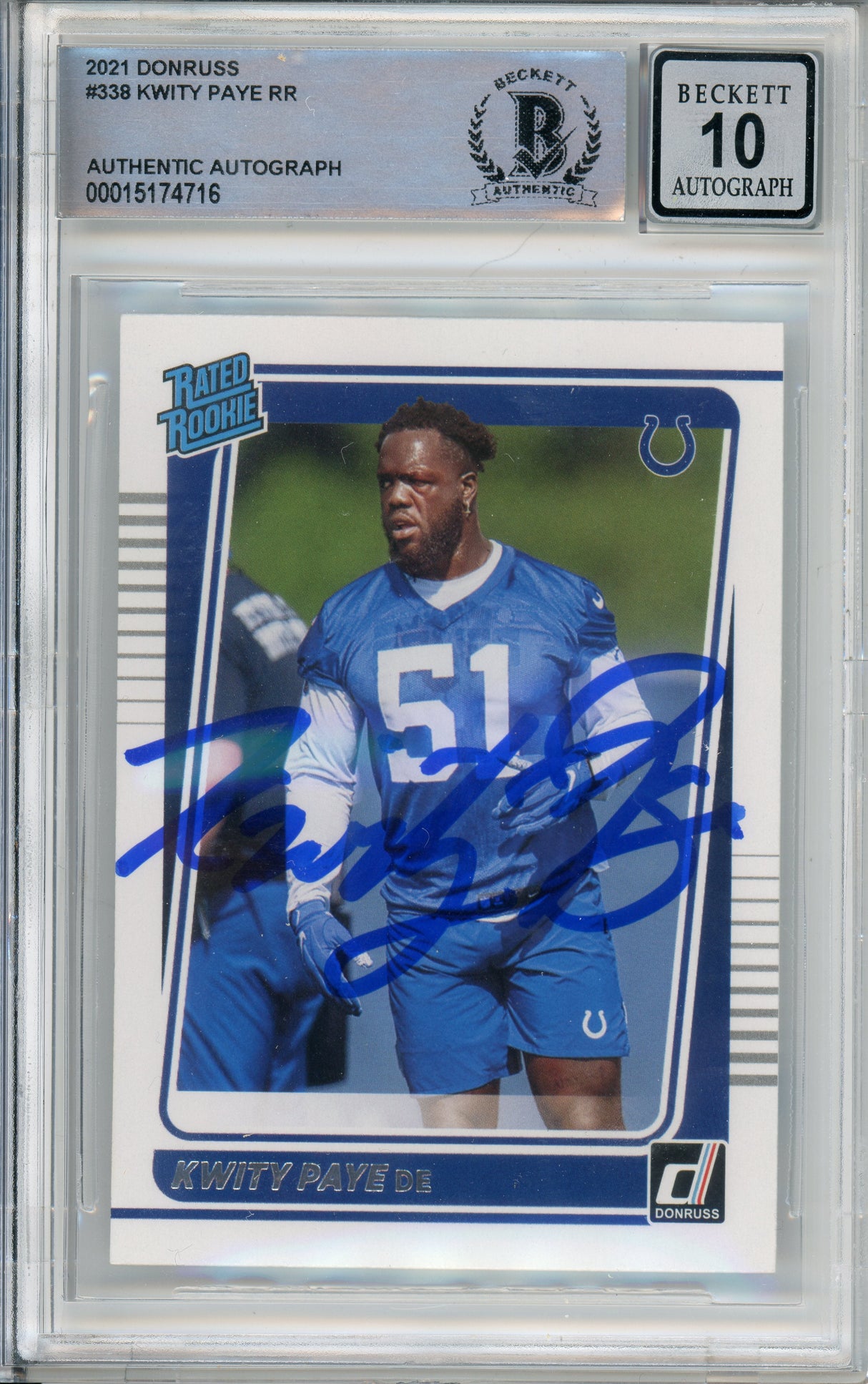 2021 Donruss Rated Rookie #338 Kwity Paye Indianapolis Colts BAS Autograph 10