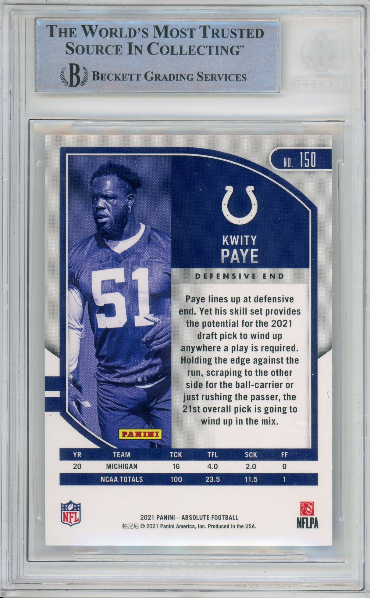 2021 Absolute Football #150 Kwity Paye RC Indianapolis Colts BAS Autograph 10