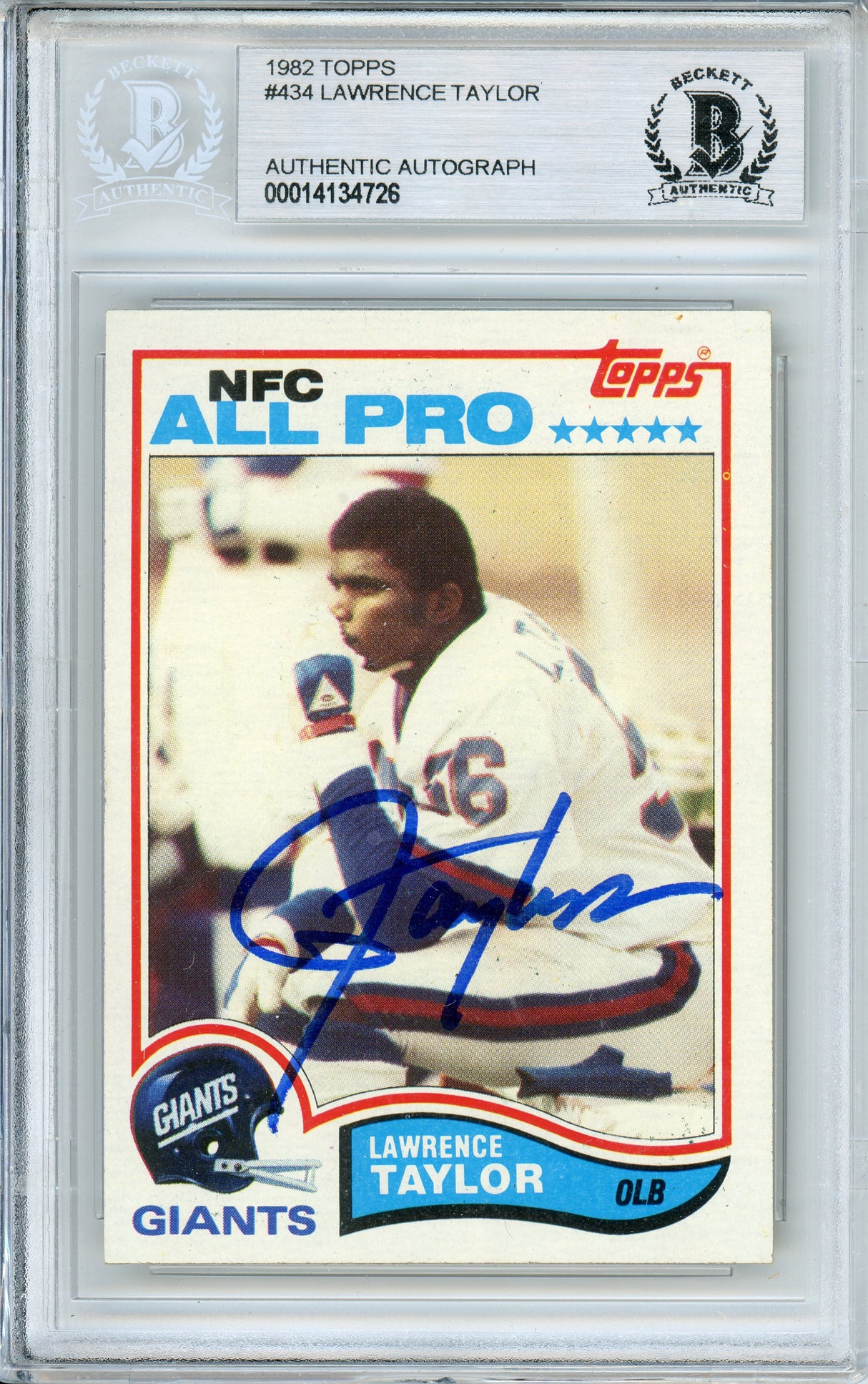 1982 Topps #434 Lawrence Taylor RC New York Giants BAS Autograph 10