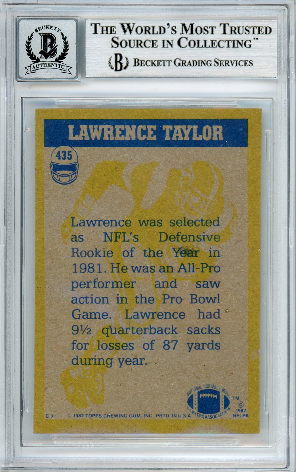 1982 Topps In Action #435 Lawrence Taylor RC New York Giants BAS Autograph 10