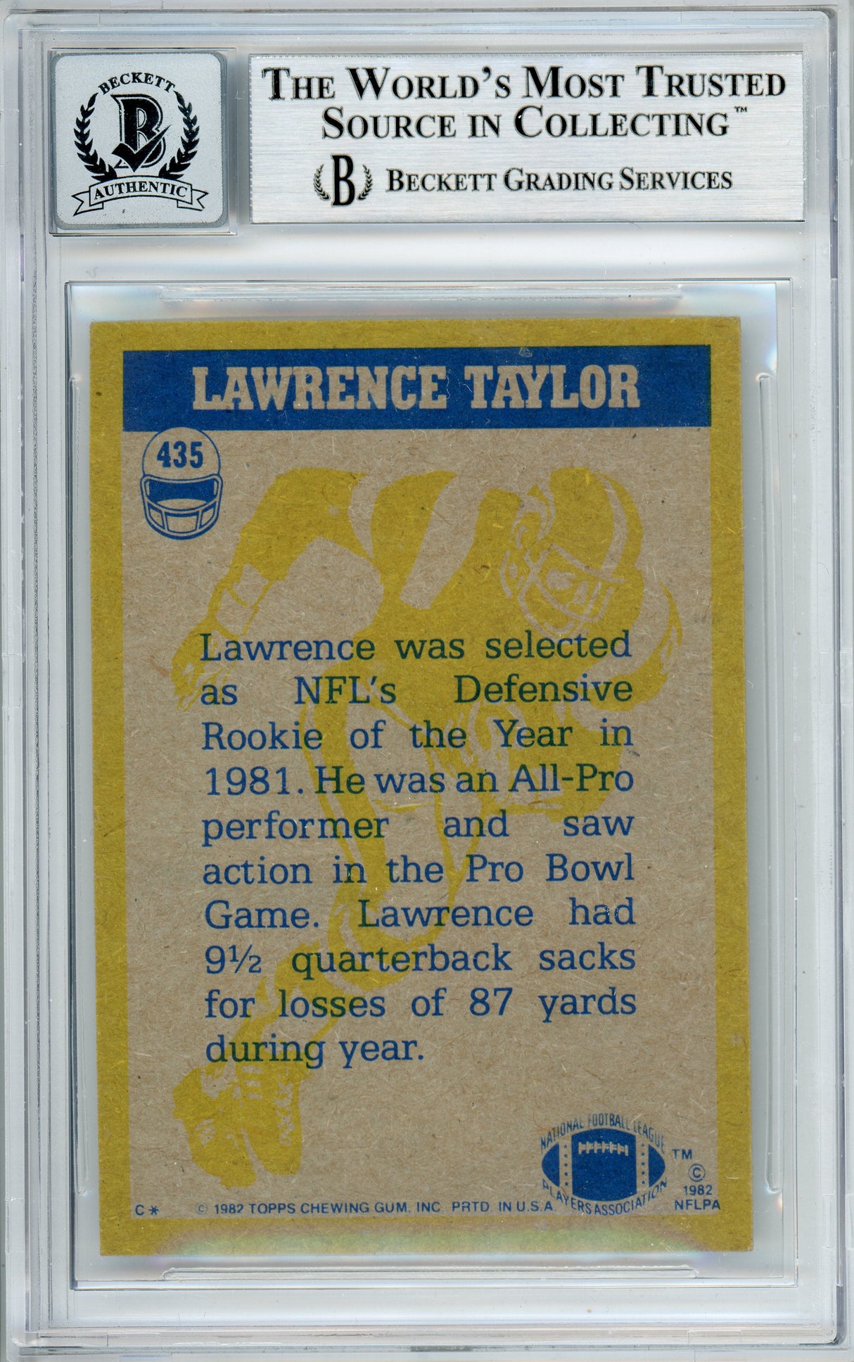 1982 Topps In Action #435 Lawrence Taylor RC New York Giants BAS Autograph 10