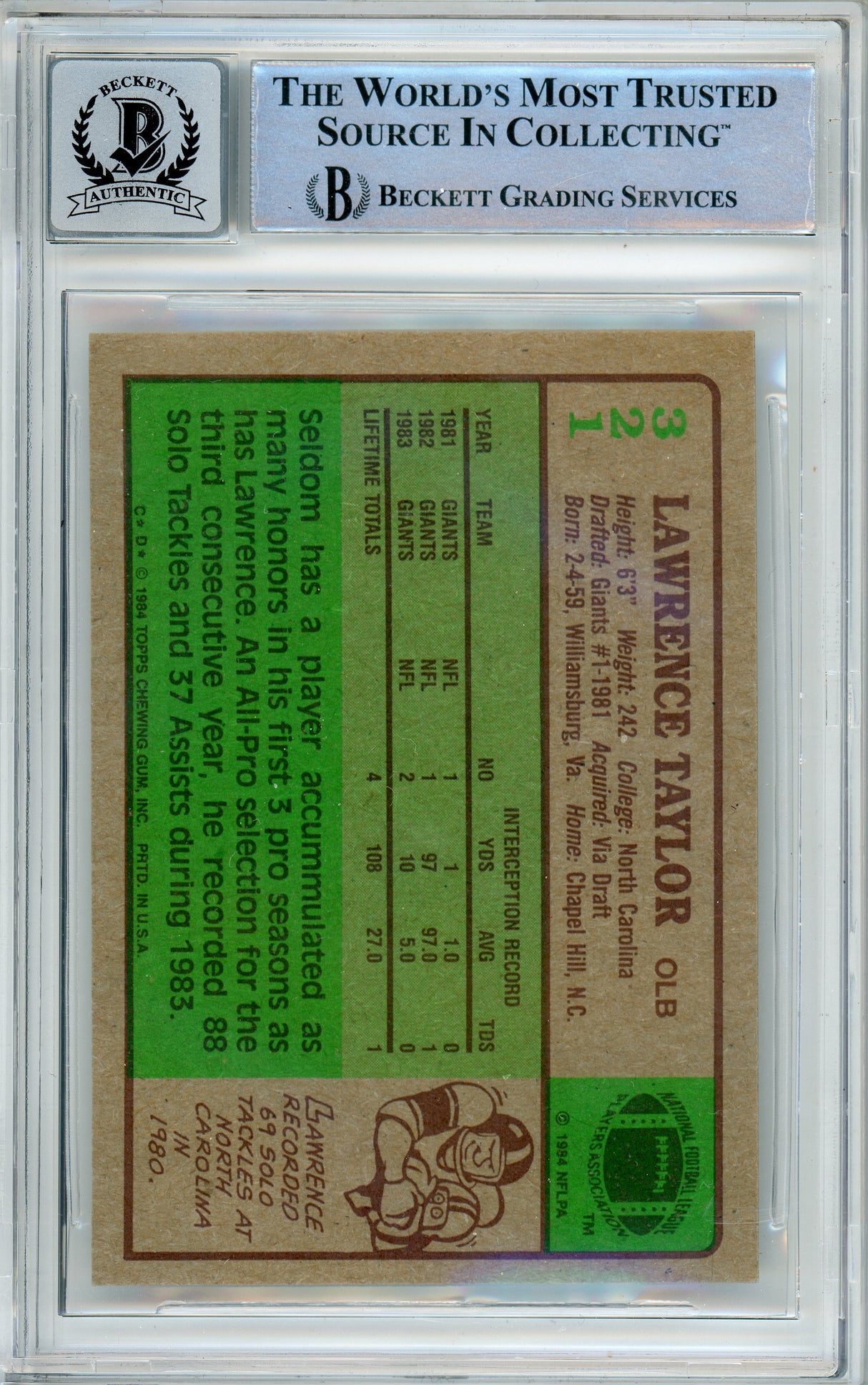 1984 Topps #321 Lawrence Taylor New York Giants BAS Autograph 10