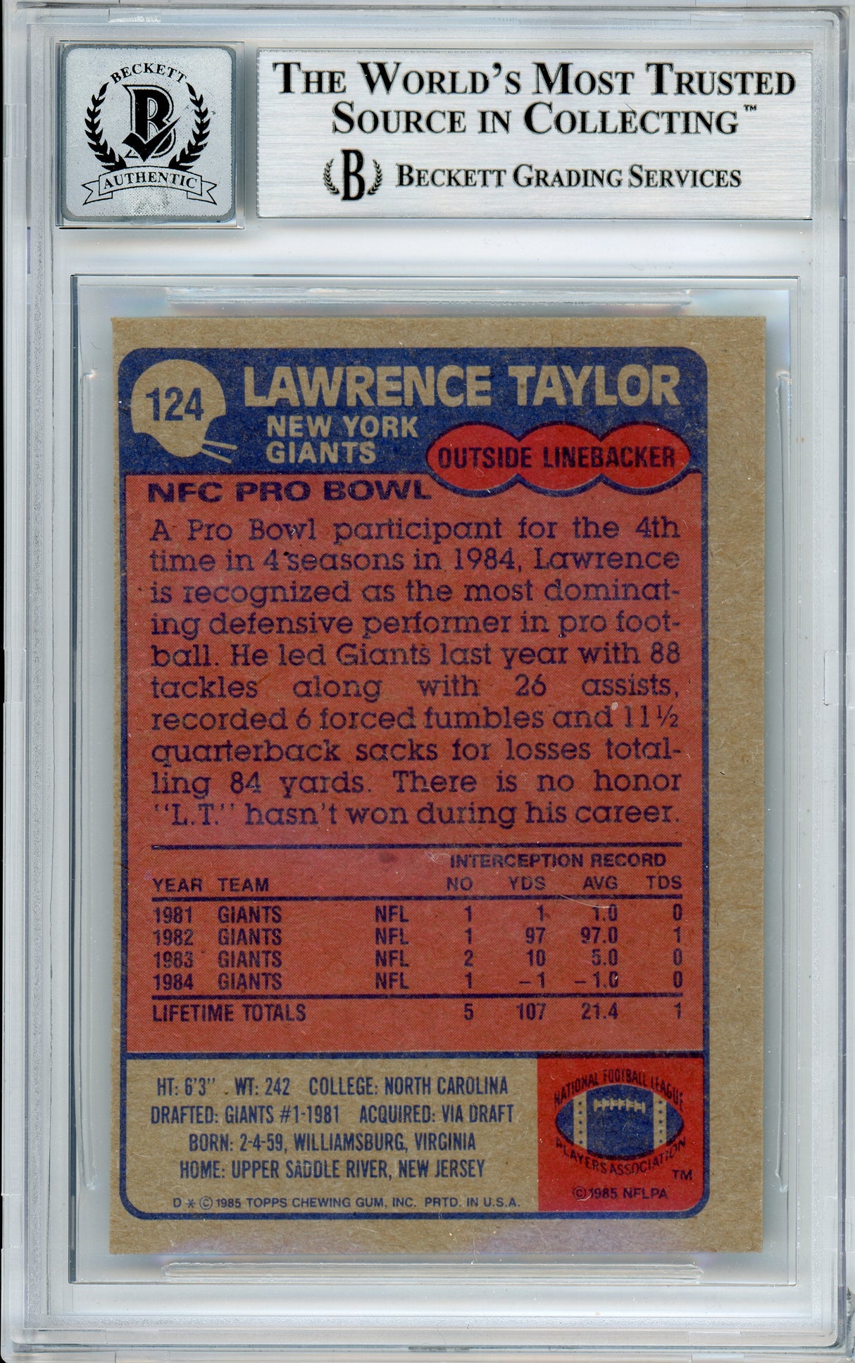 1985 Topps #124 Lawrence Taylor New York Giants BAS Autograph 10