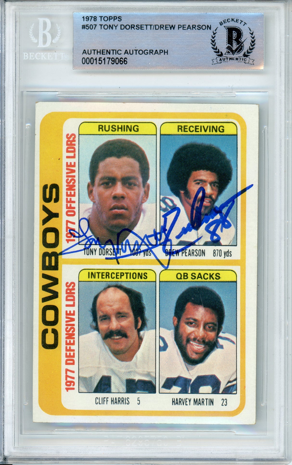 1978 Topps Team Checklist #507 Tony Dorsett RC / Drew Pearson Cowboys BAS Auto