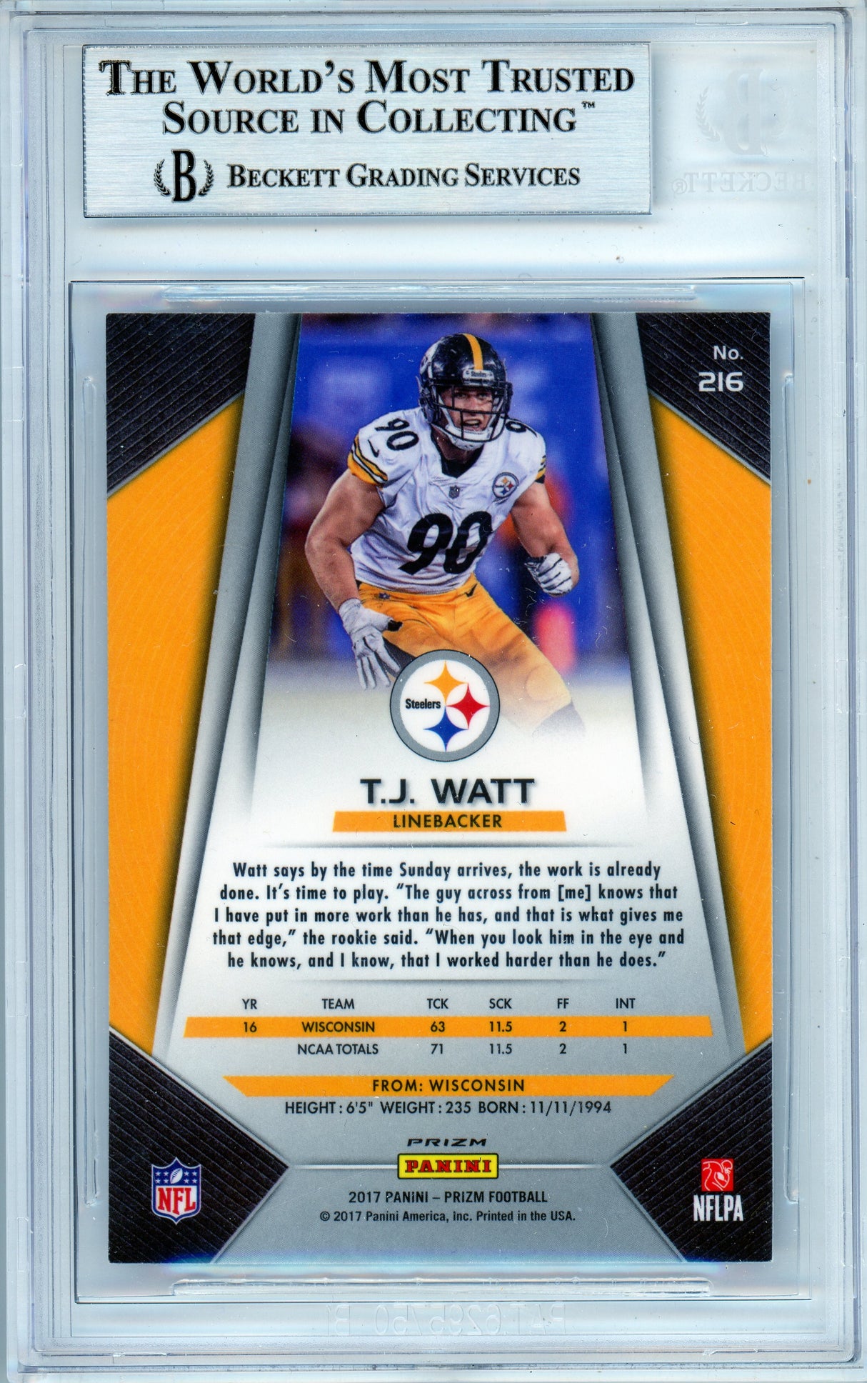 2017 Panini Prizm Silver #216 T.J. Watt RC Pittsburgh Steelers BAS Autograph 10