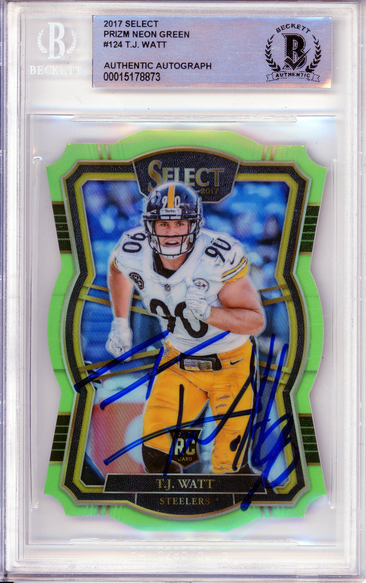 2017 Panini Select Neon Green #124 T.J. Watt RC 32/49 Steelers BAS Auto 10