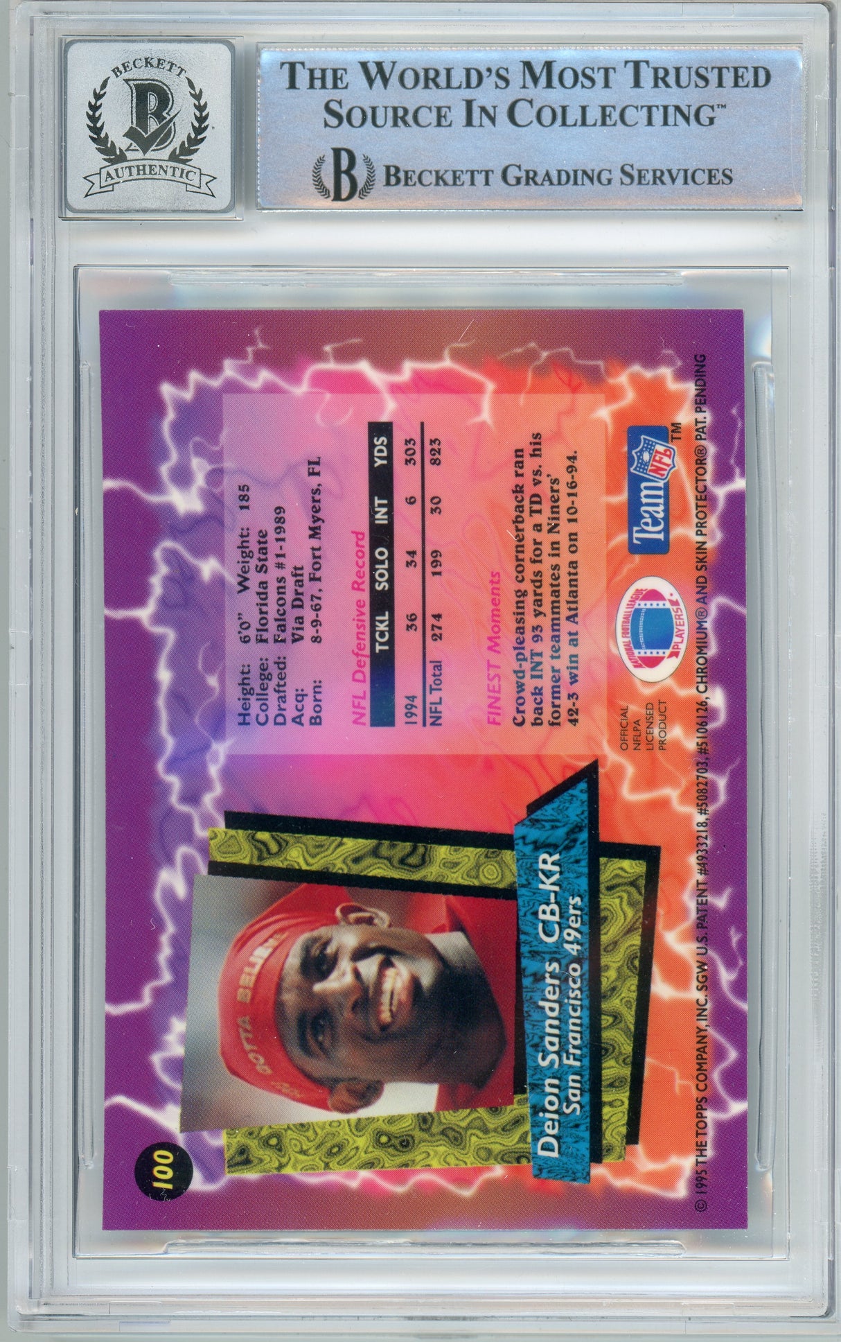 1995 Topps Finest #100 Deion Sanders San Fransico 49ers BAS Autograph 10