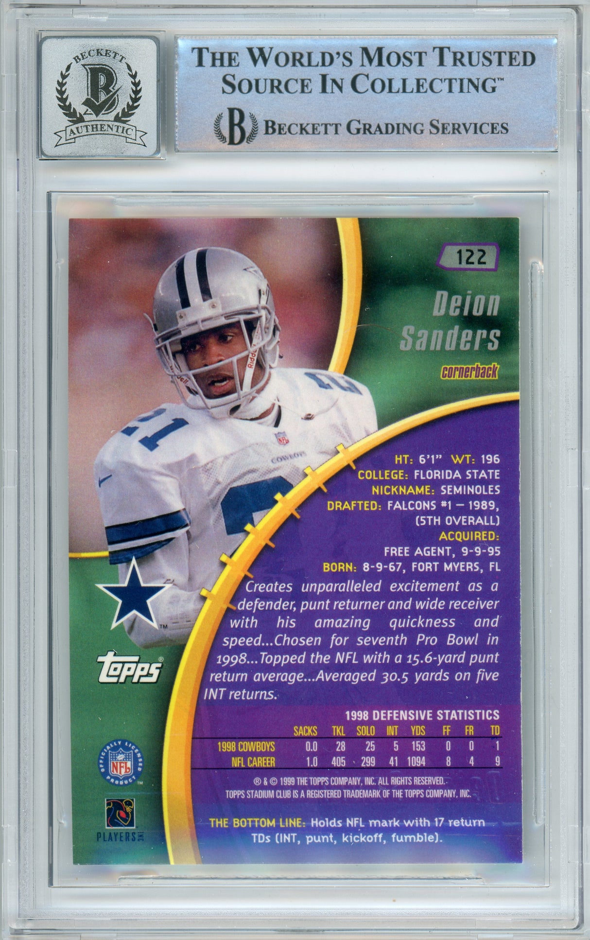 1999 Topps Stadium Club #122 Deion Sanders Dallas Cowboys BAS Autograph 10