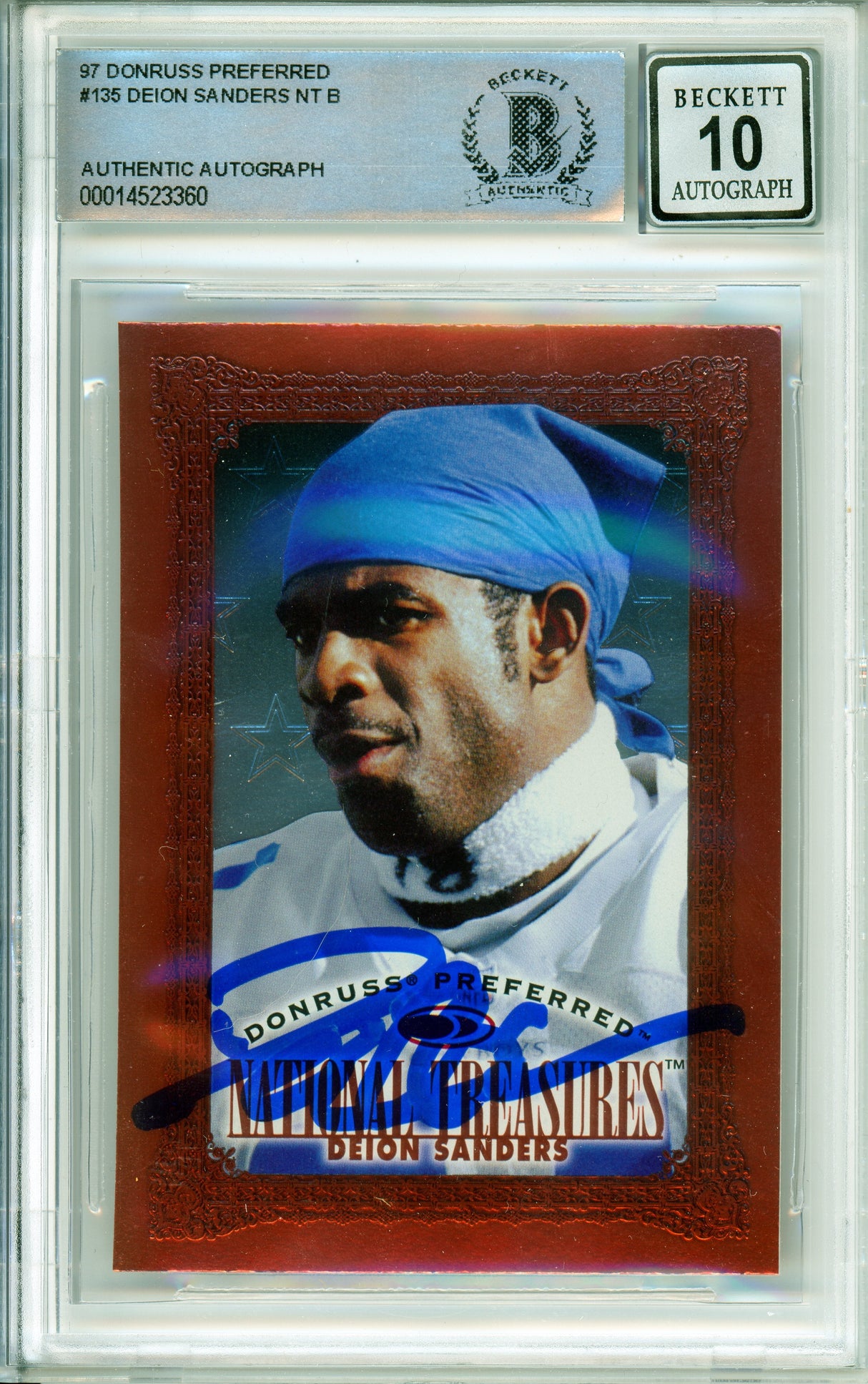 1997 Donruss Preferred National Treasures #135 Deion Sanders Cowboys BAS Auto 10