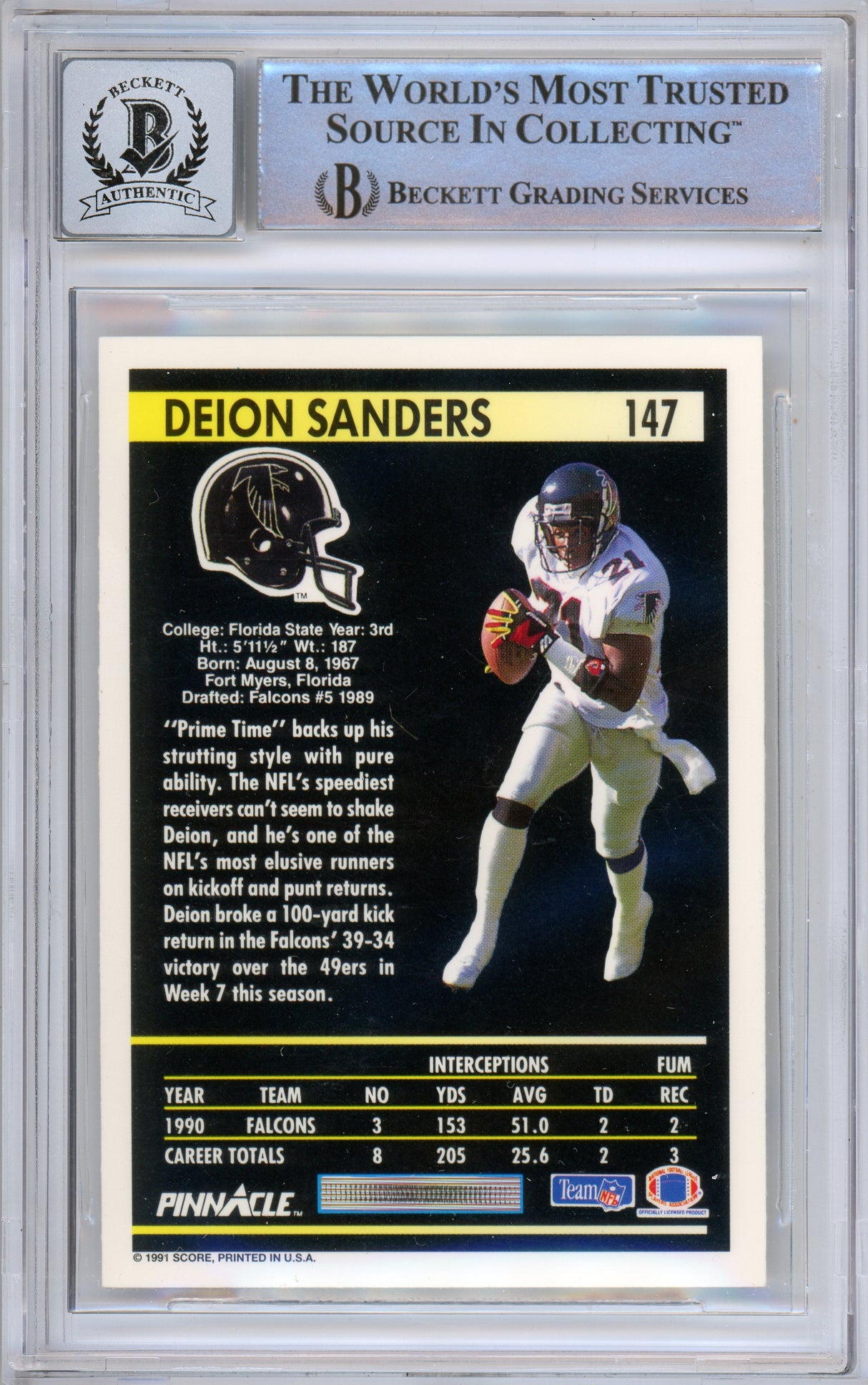 1991 Pinnacle #147 Deion Sanders Atlanta Falcons BAS Autograph 10