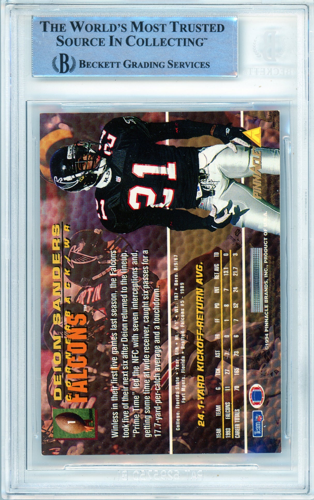 1994 Pinnacle Trophy Collection #1 Deion Sanders Atlanta Falcons BAS Auto 10