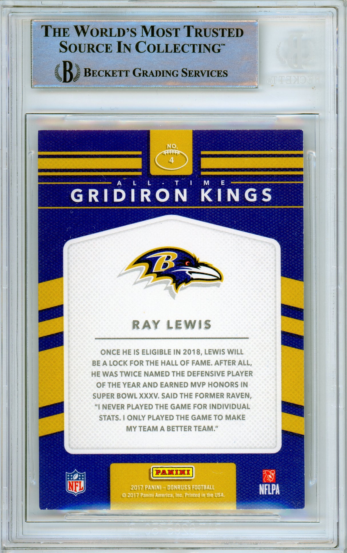 2017 Donruss All Time Gridiron Kings #4 Ray Lewis Baltimore Ravens BAS Auto 10