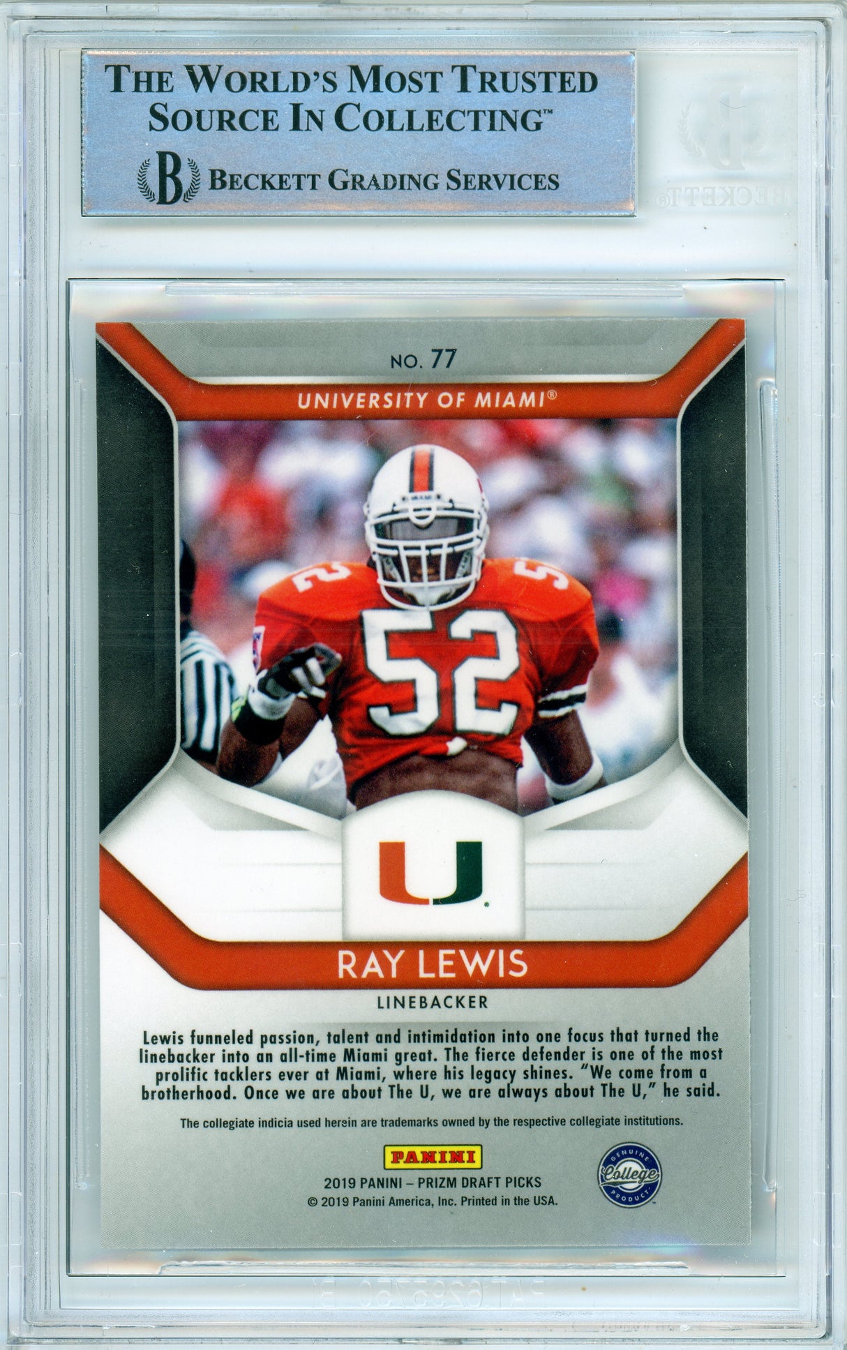 2019 Panini Prizm Draft Picks #77 Ray Lewis Miami Hurricanes BAS Autograph 10