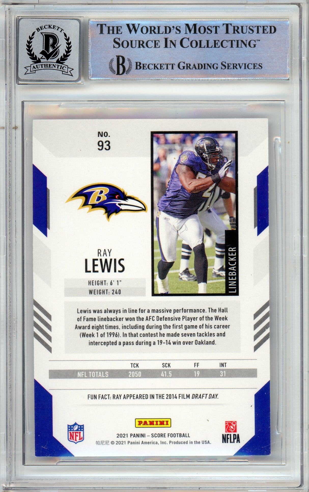 2021 Panini Score #93 Ray Lewis Baltimore Ravens BAS Autograph 10