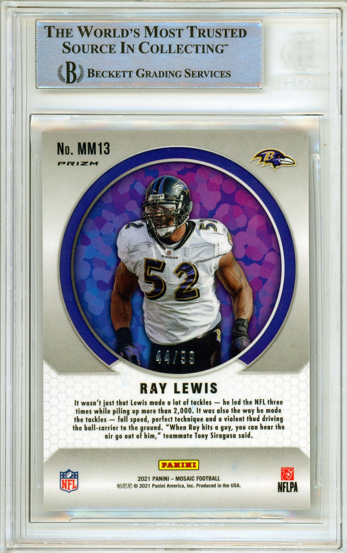 2021 Panini Mosaic Men of Mastery Blue #13 Ray Lewis 44/99 Ravens BAS Auto 10