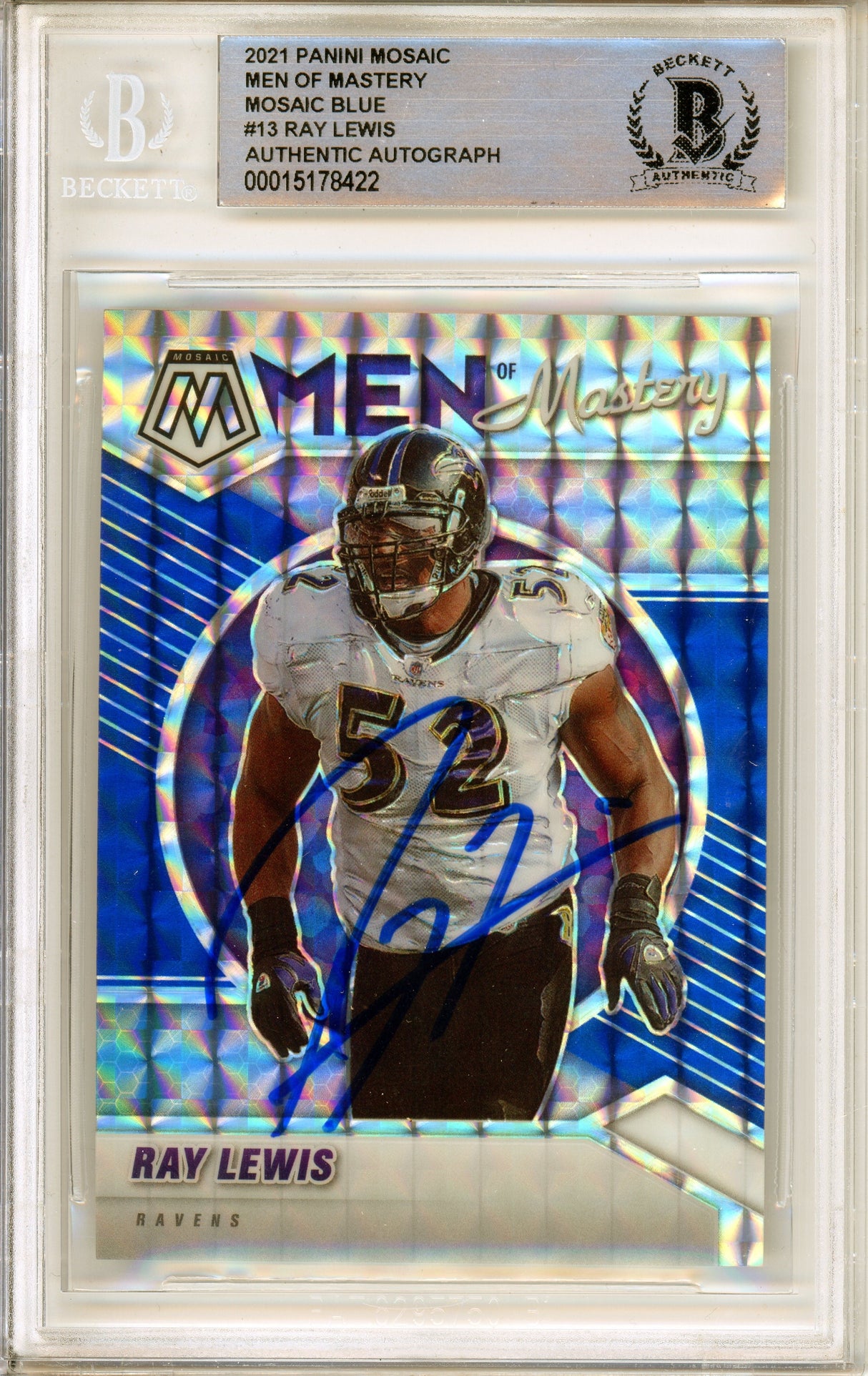 2021 Panini Mosaic Men of Mastery Blue #13 Ray Lewis 44/99 Ravens BAS Auto 10