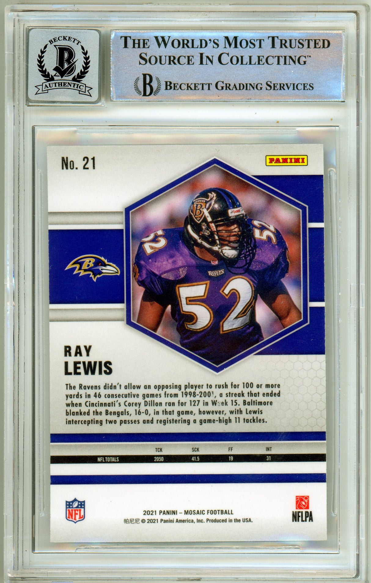 2021 Panini Mosaic #21 Ray Lewis Baltimore Ravens BAS Autograph 10