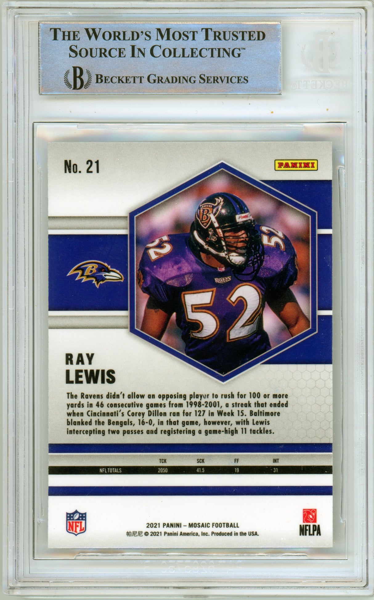 2021 Panini Mosaic #21 Ray Lewis Baltimore Ravens BAS Autograph 10