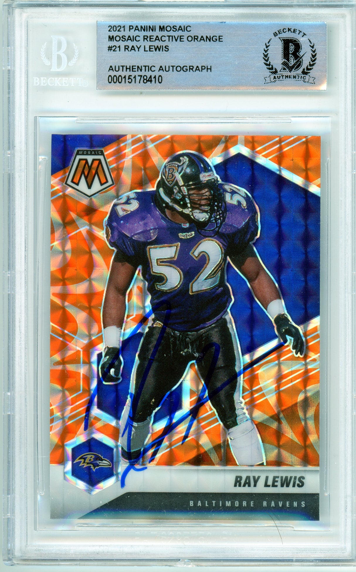 2021 Panini Mosaic Reactive Orange #21 Ray Lewis Ravens BAS Autograph 10