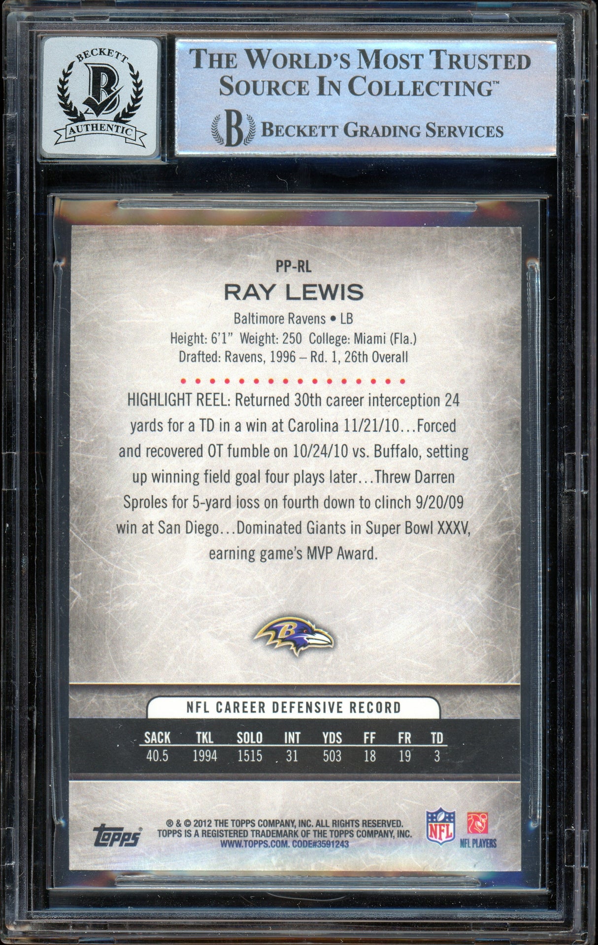 2012 Topps Prolific Playmakers #PP-RL Ray Lewis Ravens BAS Auto 10