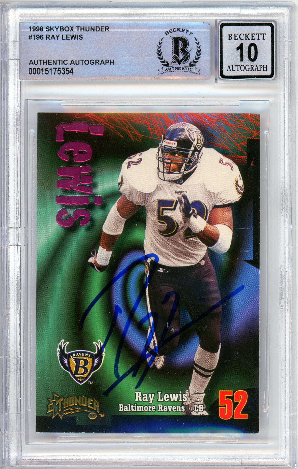 1998 Skybox Thunder #196 Ray Lewis Baltimore Ravens BAS Auto 10