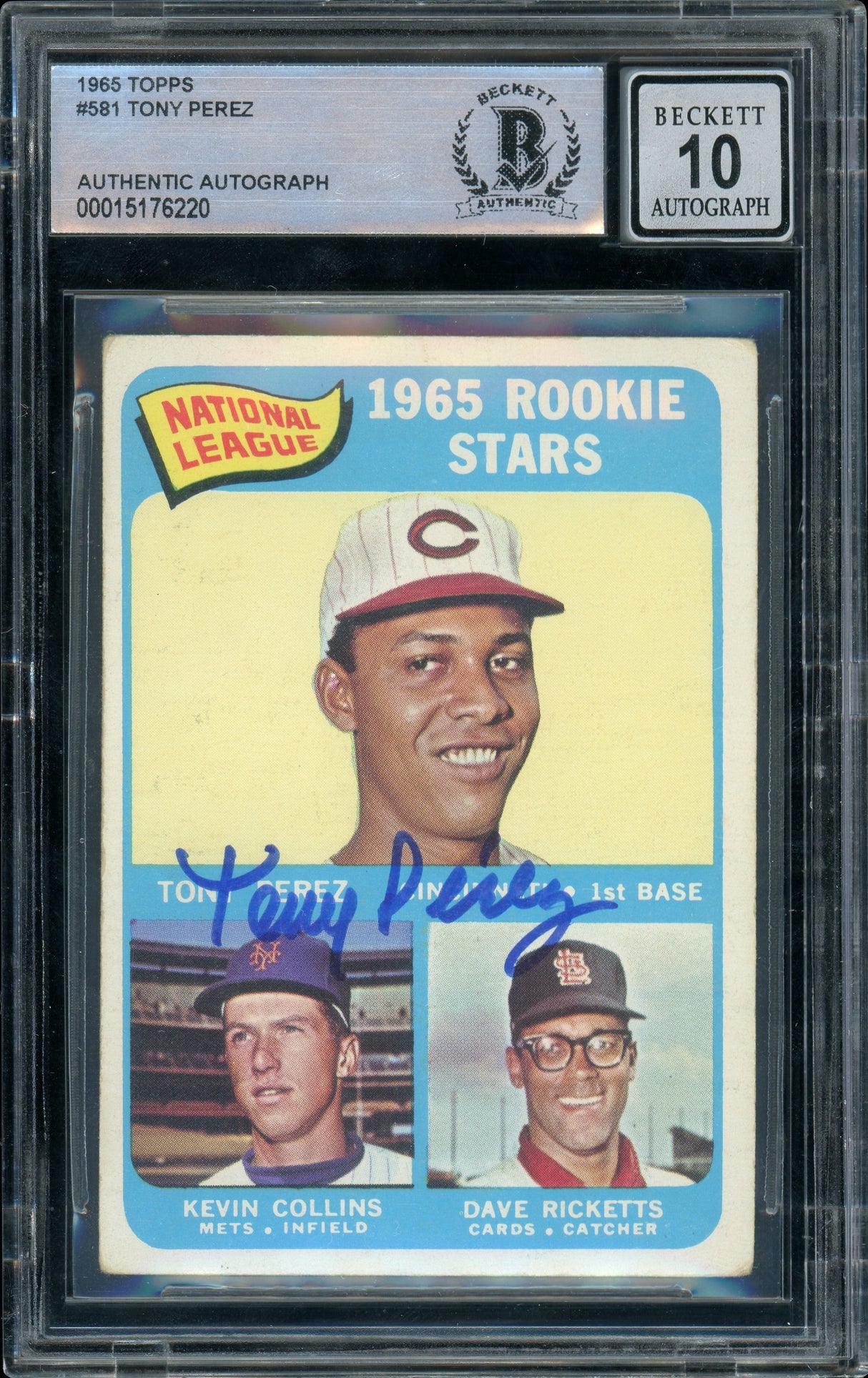 1965 Topps #581 Tony Perez RC Cincinnati Reds BAS Autograph 10