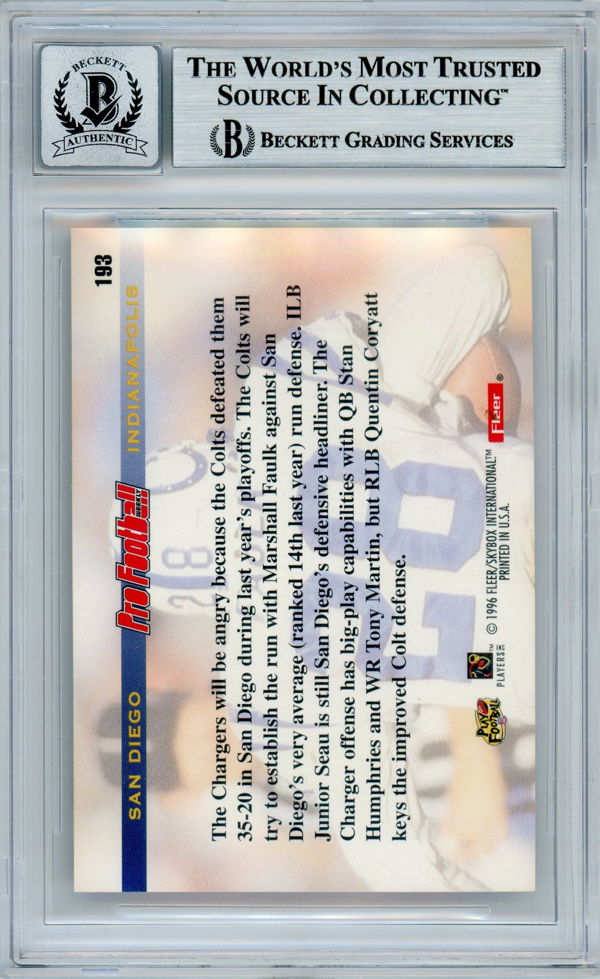 1996 Fleer Pro Football Preview #193 Marshall Faulk Colts BGS Autograph 10